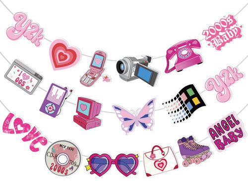 3-Piece Y2K Party Banner Set – Early 2000s Decorations with Retro Icons