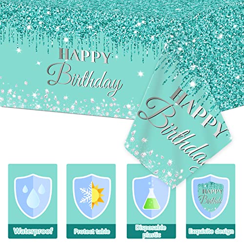 3 Teal & Silver Birthday Tablecloths – Plastic Disposable 54x108 Inches by ZOIIWA