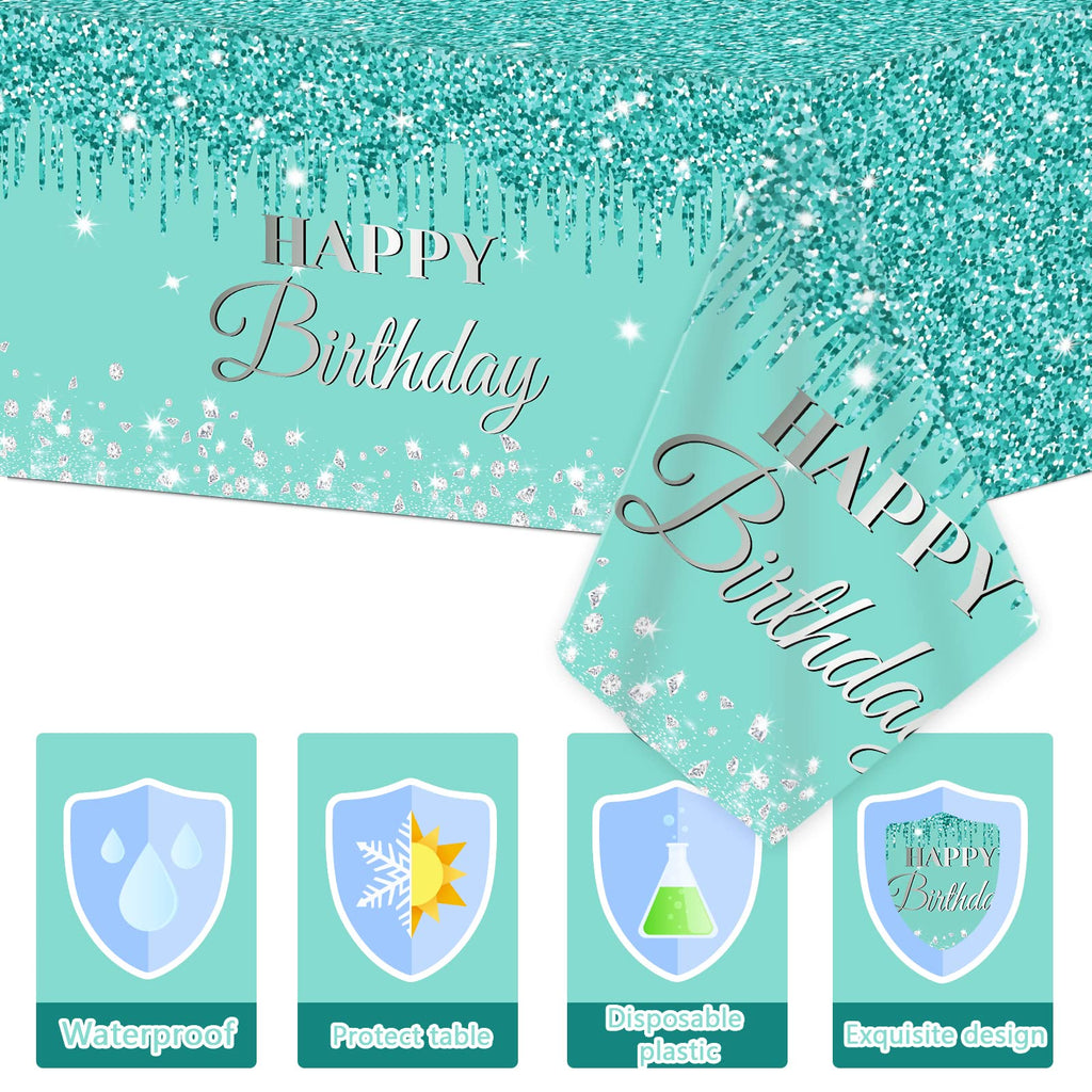 3 Teal & Silver Birthday Tablecloths – Plastic Disposable 54x108 Inches by ZOIIWA