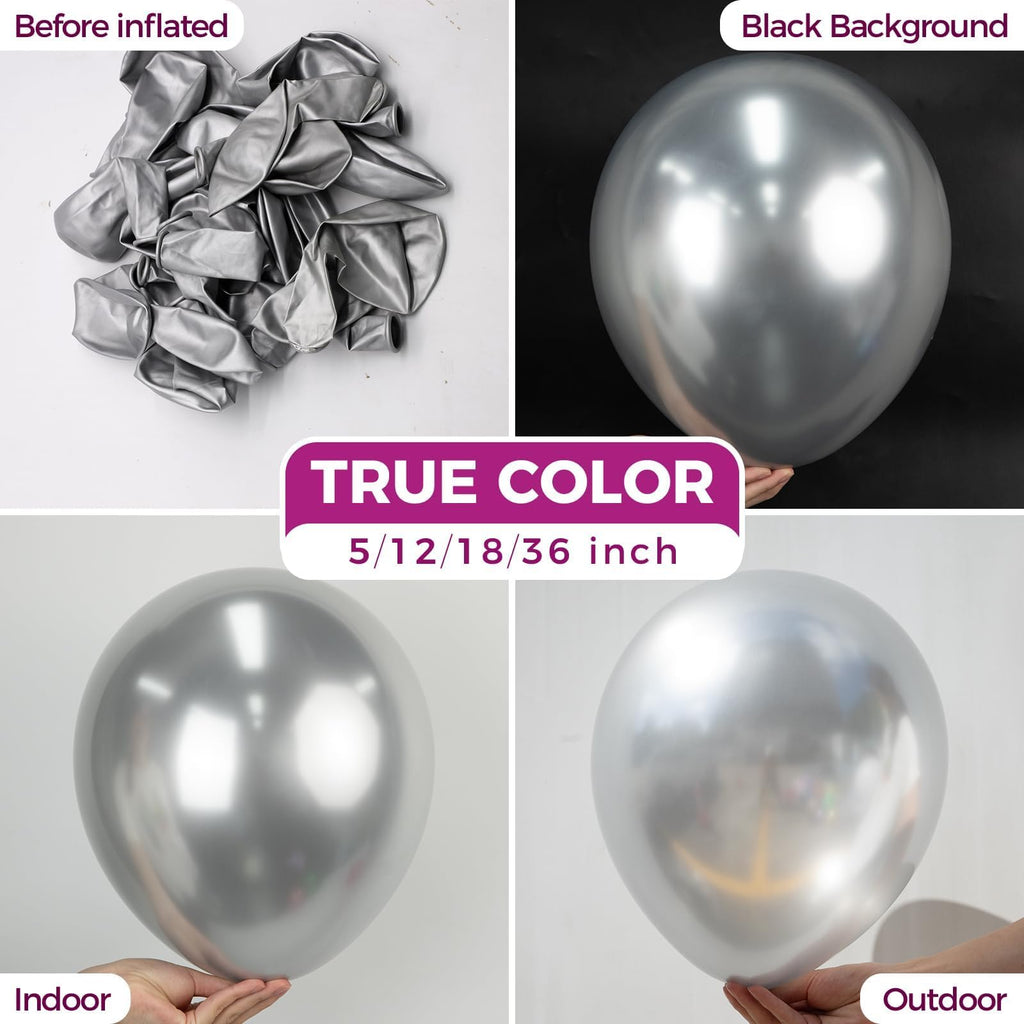 30-Pack 18-Inch Metallic Silver Balloons by Bezente – Large Chrome Latex with Ribbon for Weddings, Birthdays, and Graduations