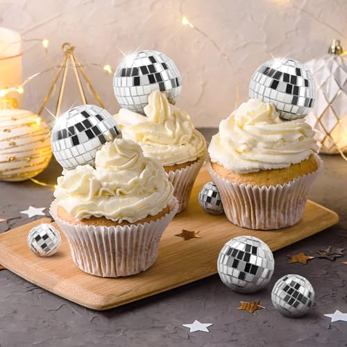 30 Pack Disco Ball Cake Toppers - Silver Mirror Balls for 70s Retro Theme Parties (4 Sizes)