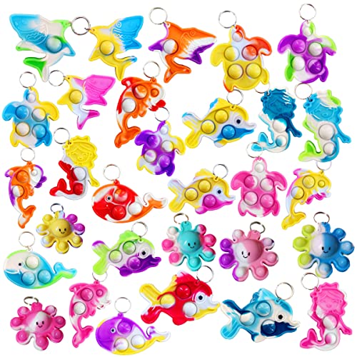 30-Pack Mini Ocean Animal Fidget Toys – Silicone Shark, Dolphin, Turtle, Octopus, Fish & Mermaid Keychain Decor for Party Favors, Classroom Prizes & Teacher Gifts