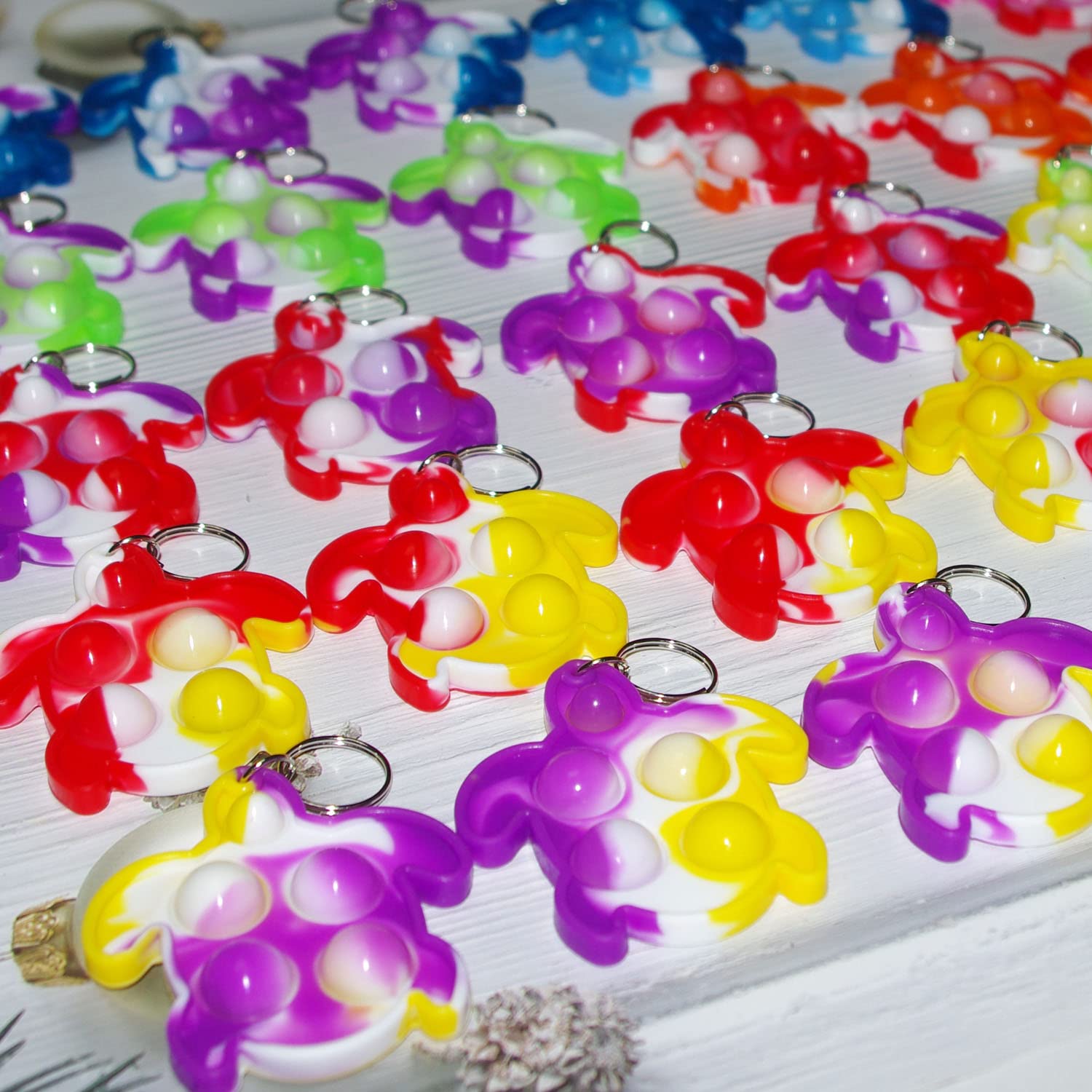 30-Pack Rainbow Turtle Pop Fidget Keychain Toys – Bulk Set for Kids, Party Favors, Stress Relief