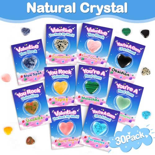 30 Pack Valentine Hearts Gemstones Cards Goodie Bags for Kids School Exchange