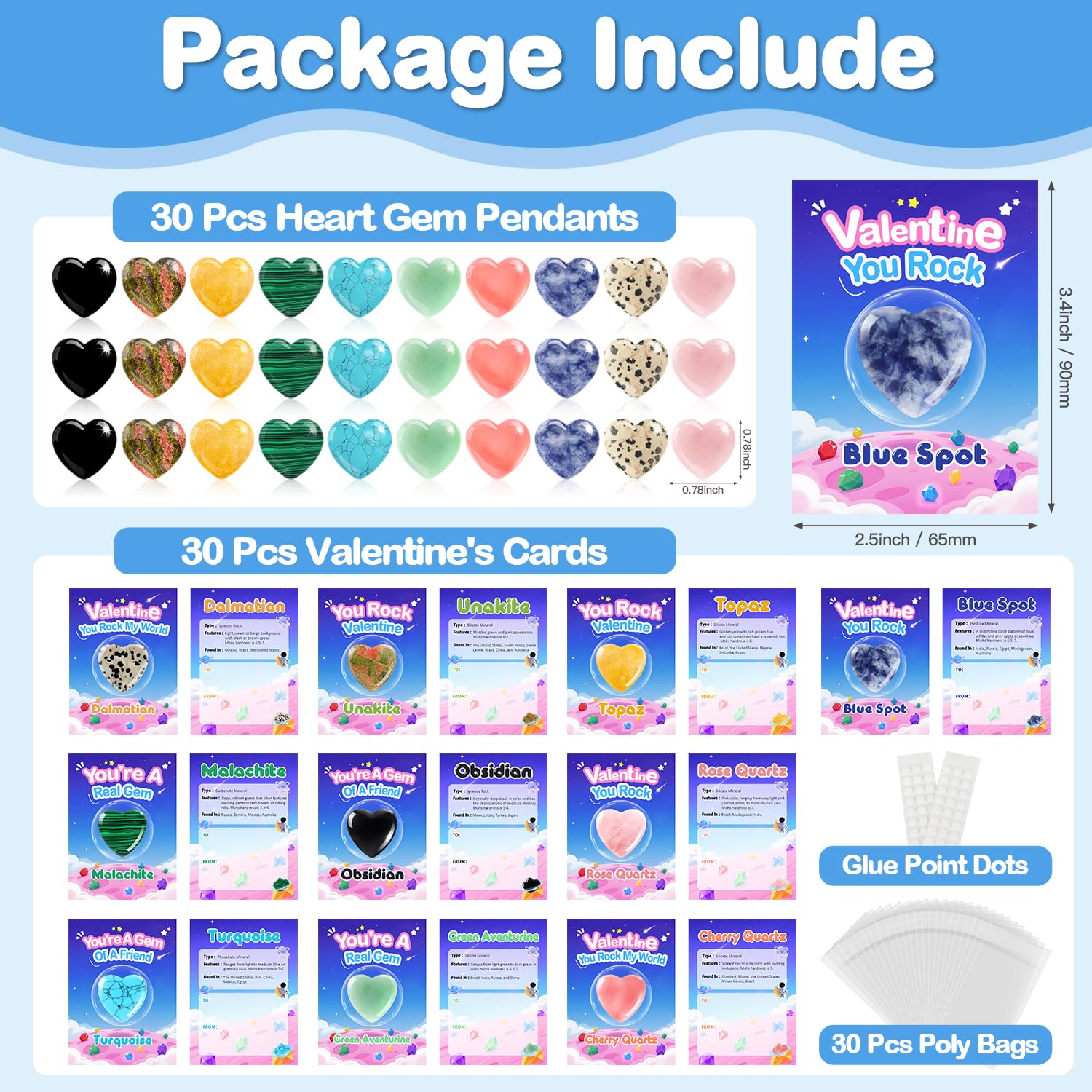 30 Pack Valentine Hearts Gemstones Cards Goodie Bags for Kids School Exchange