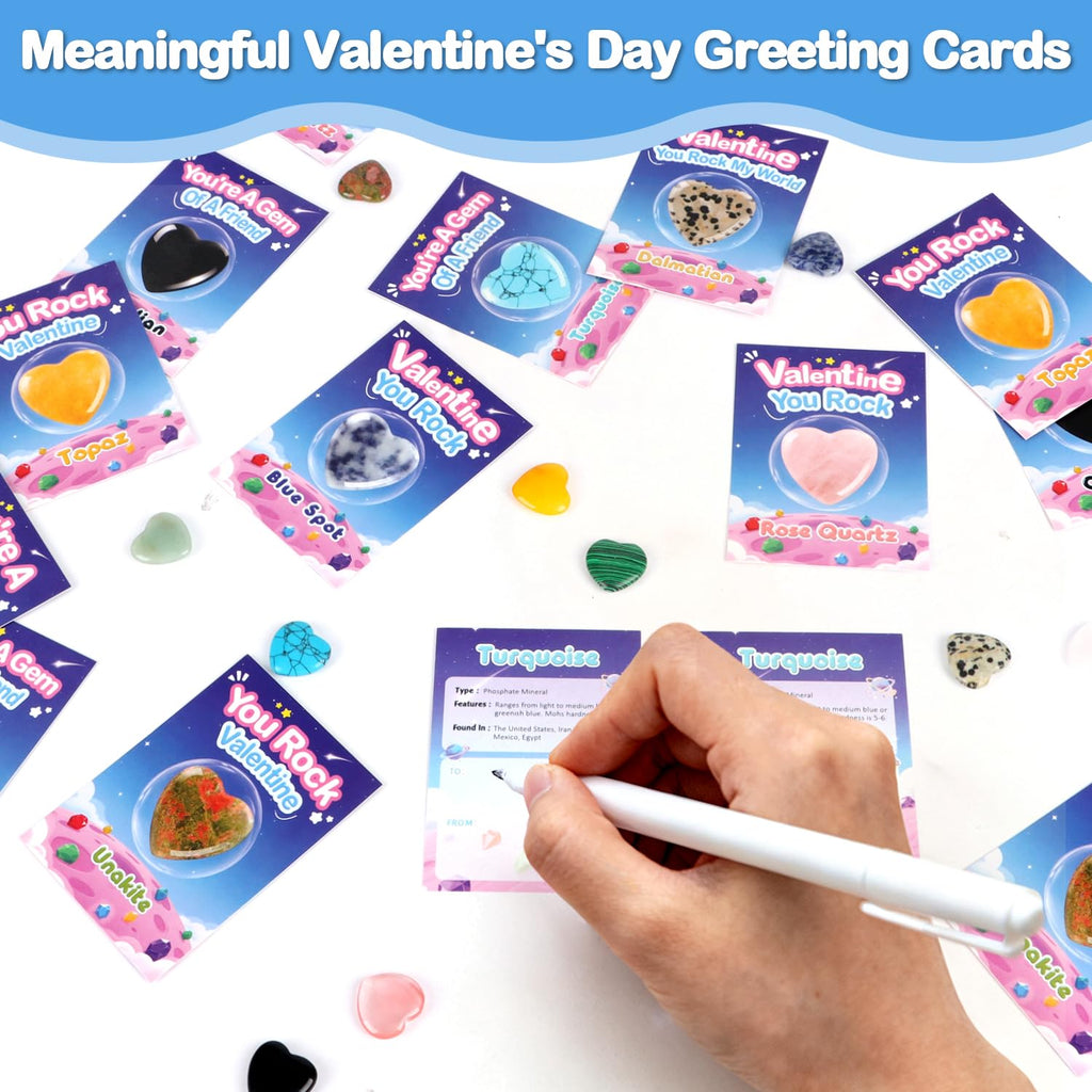30 Pack Valentine Hearts Gemstones Cards Goodie Bags for Kids School Exchange