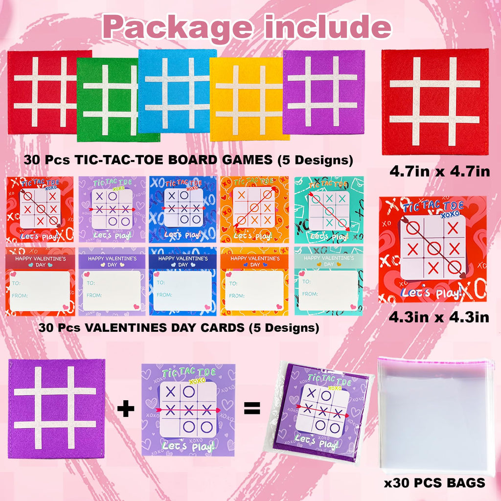 30 Pack Valentine's Day Cards with Tic Tac Toe Board Games for Kids Classroom Exchange
