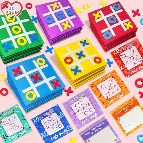 30 Pack Valentine's Day Cards with Tic Tac Toe Board Games for Kids Classroom Exchange