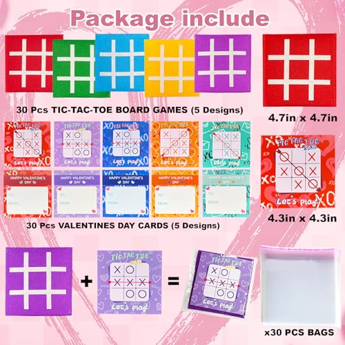 30 Pack Valentine's Day Cards with Tic Tac Toe Board Games for Kids Classroom Exchange