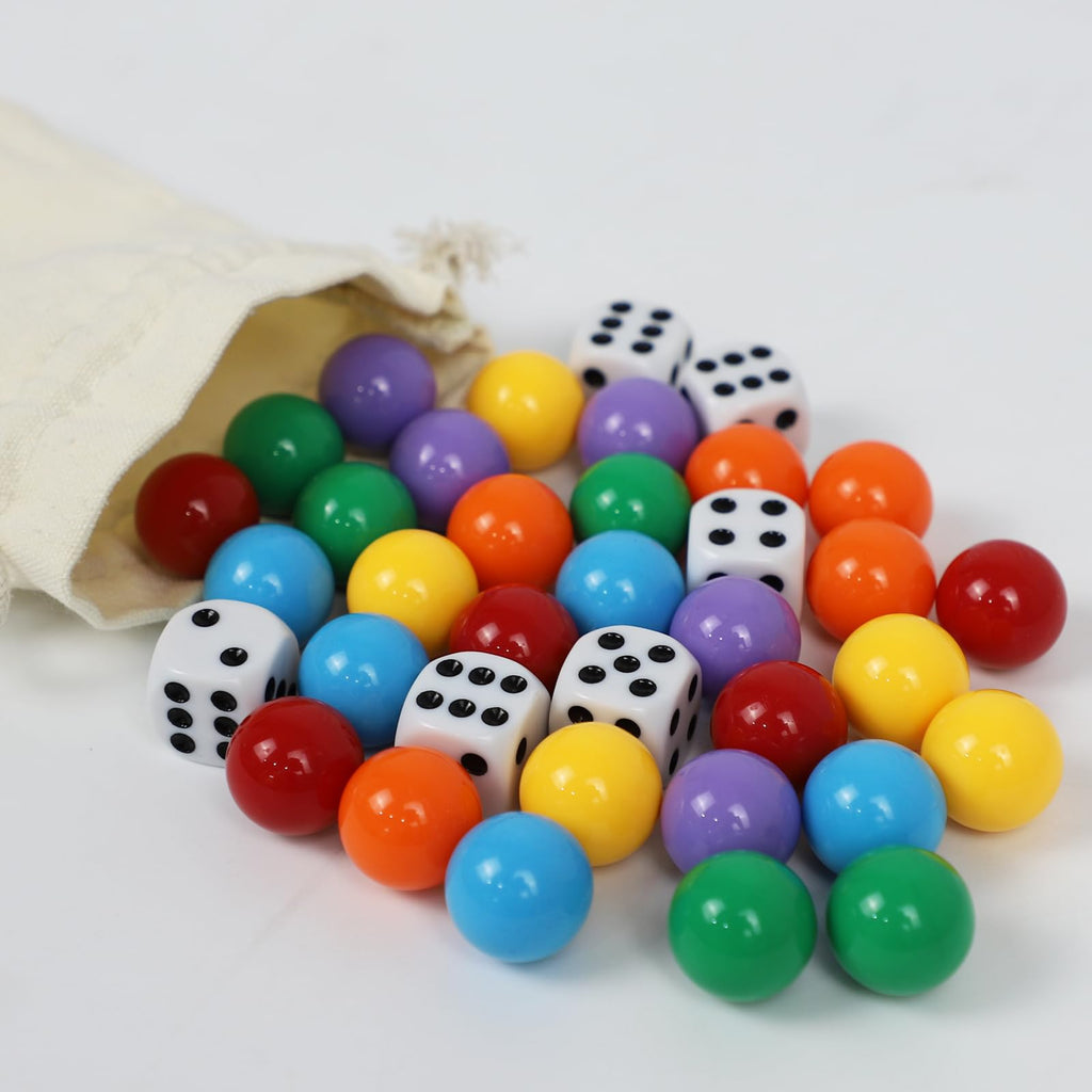 30-Piece 18mm Wahoo Marbles Set with 6 Dice and Pouch – 5 Each of 6 Colors for Board Games