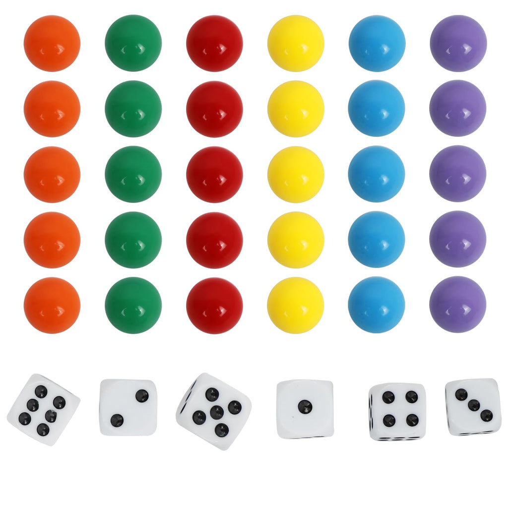 30-Piece 18mm Wahoo Marbles Set with 6 Dice and Pouch – 5 Each of 6 Colors for Board Games