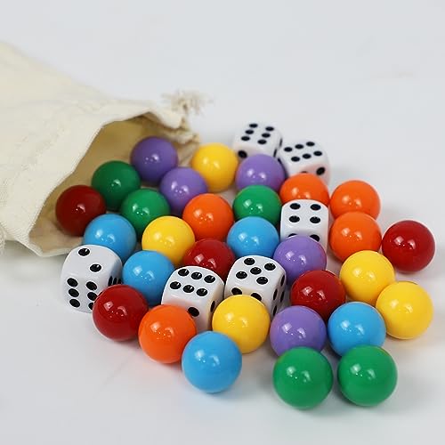 30-Piece 18mm Wahoo Marbles Set with 6 Dice and Pouch – 5 Each of 6 Colors for Board Games