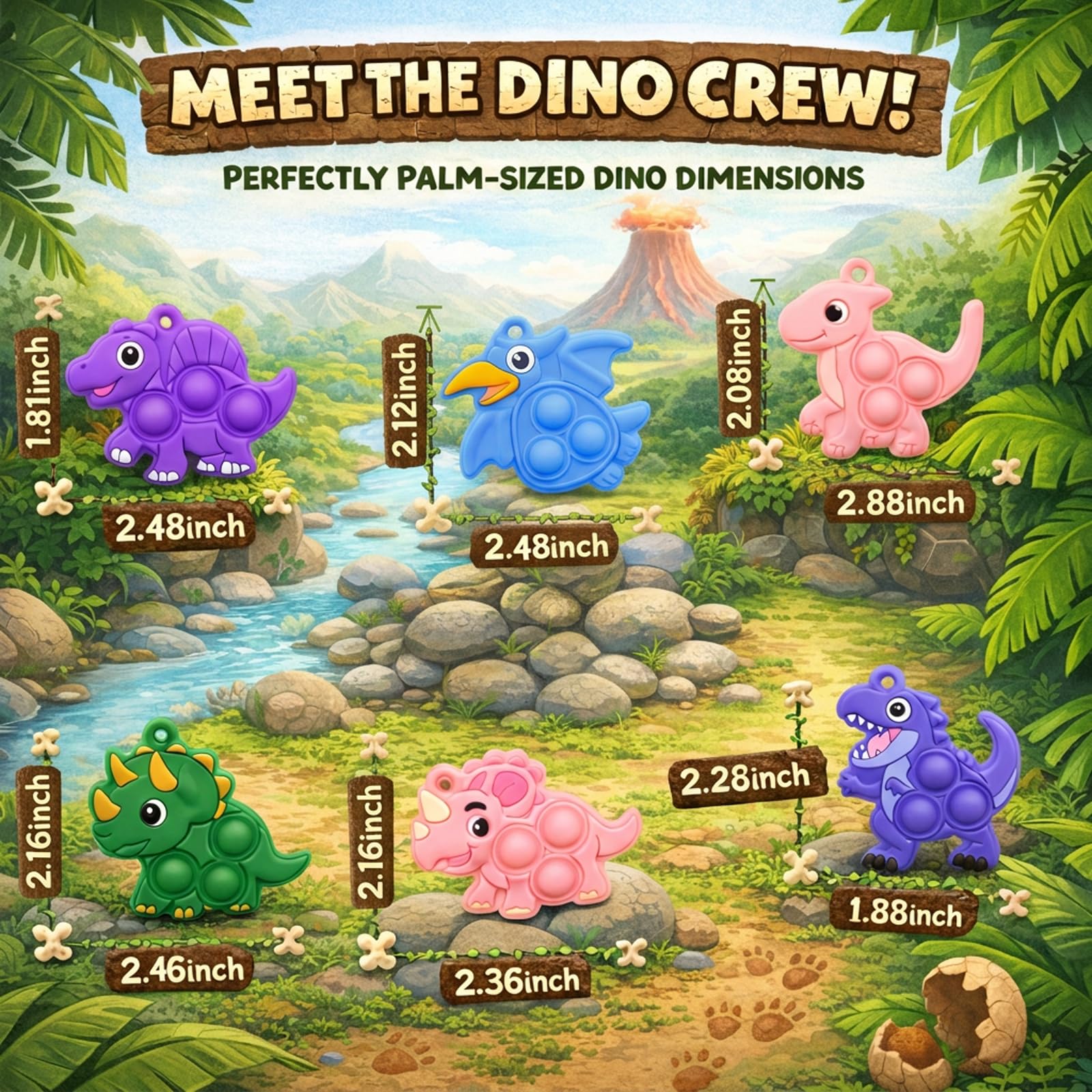 30-Piece Dinosaur Pop Keychain Fidget Toy Bulk Set - BicMan