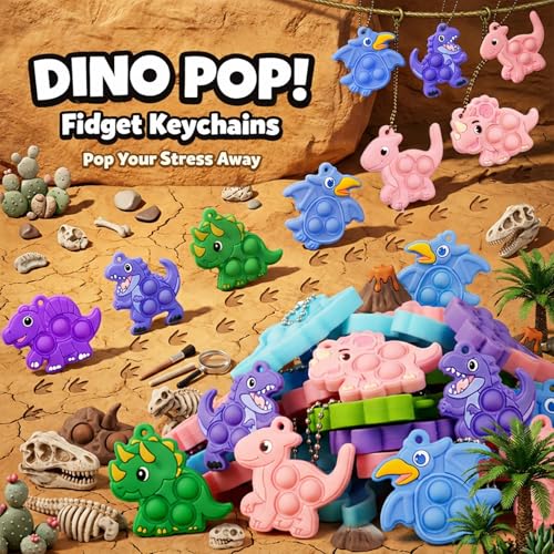 30-Piece Dinosaur Pop Keychain Fidget Toy Bulk Set - BicMan