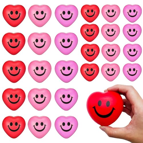 30-Piece Heart Stress Balls – Mini Smile Squeeze Balls for Party Favors and Valentine's Day Gifts (3 Colors)