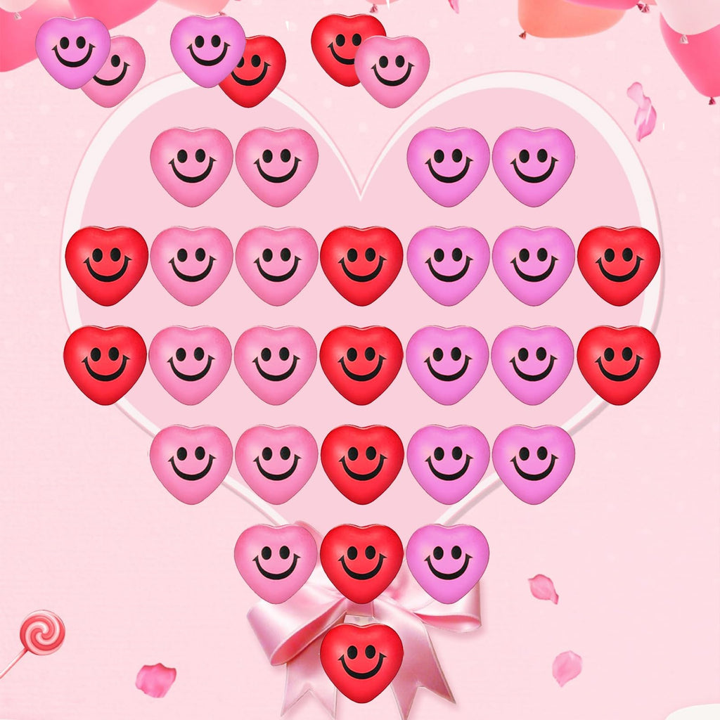 30-Piece Heart Stress Balls – Mini Smile Squeeze Balls for Party Favors and Valentine's Day Gifts (3 Colors)