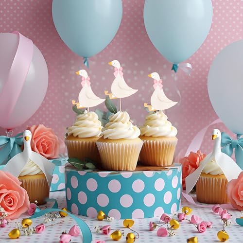 30 White Goose Cupcake Toppers with Pink Bows – Finduat Baby Shower & Birthday Cake Decorations
