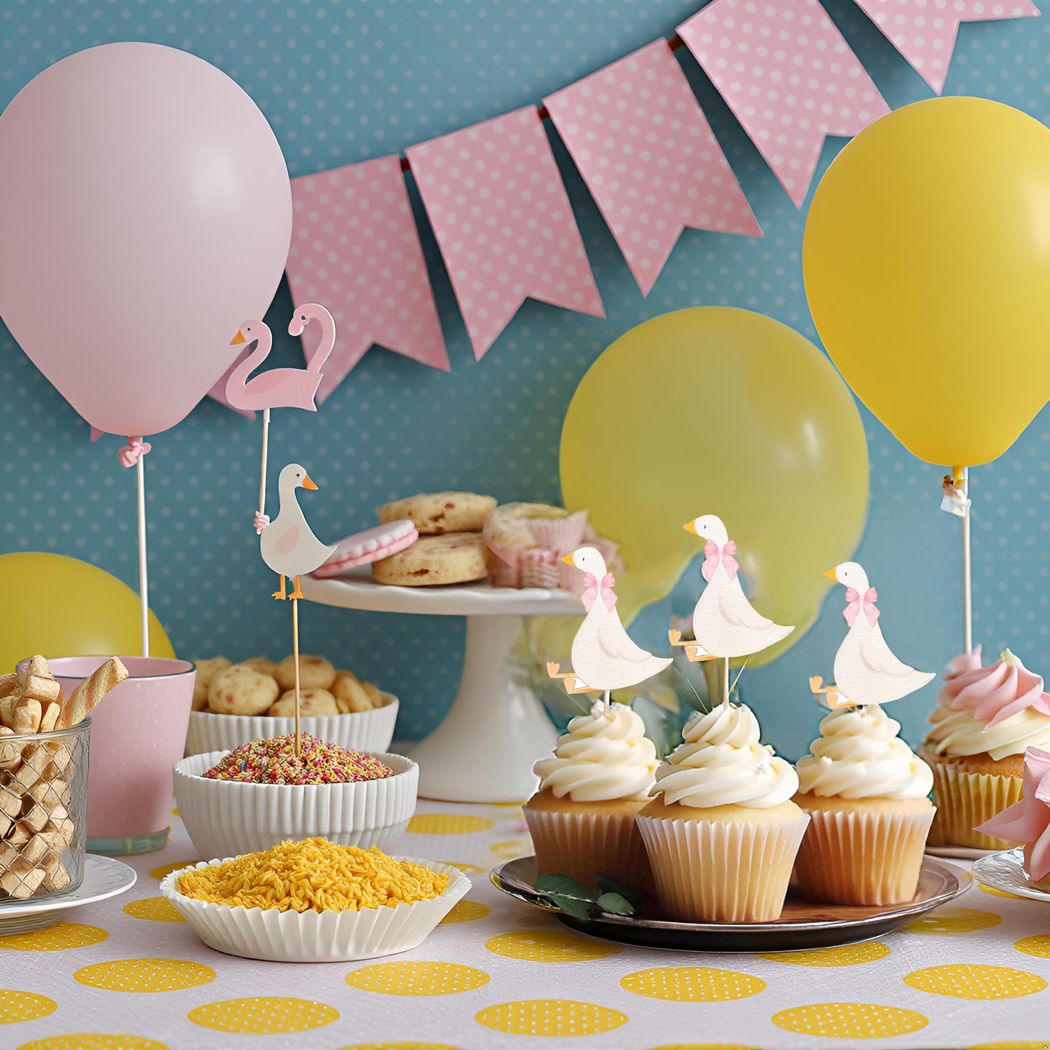 30 White Goose Cupcake Toppers with Pink Bows – Finduat Baby Shower & Birthday Cake Decorations