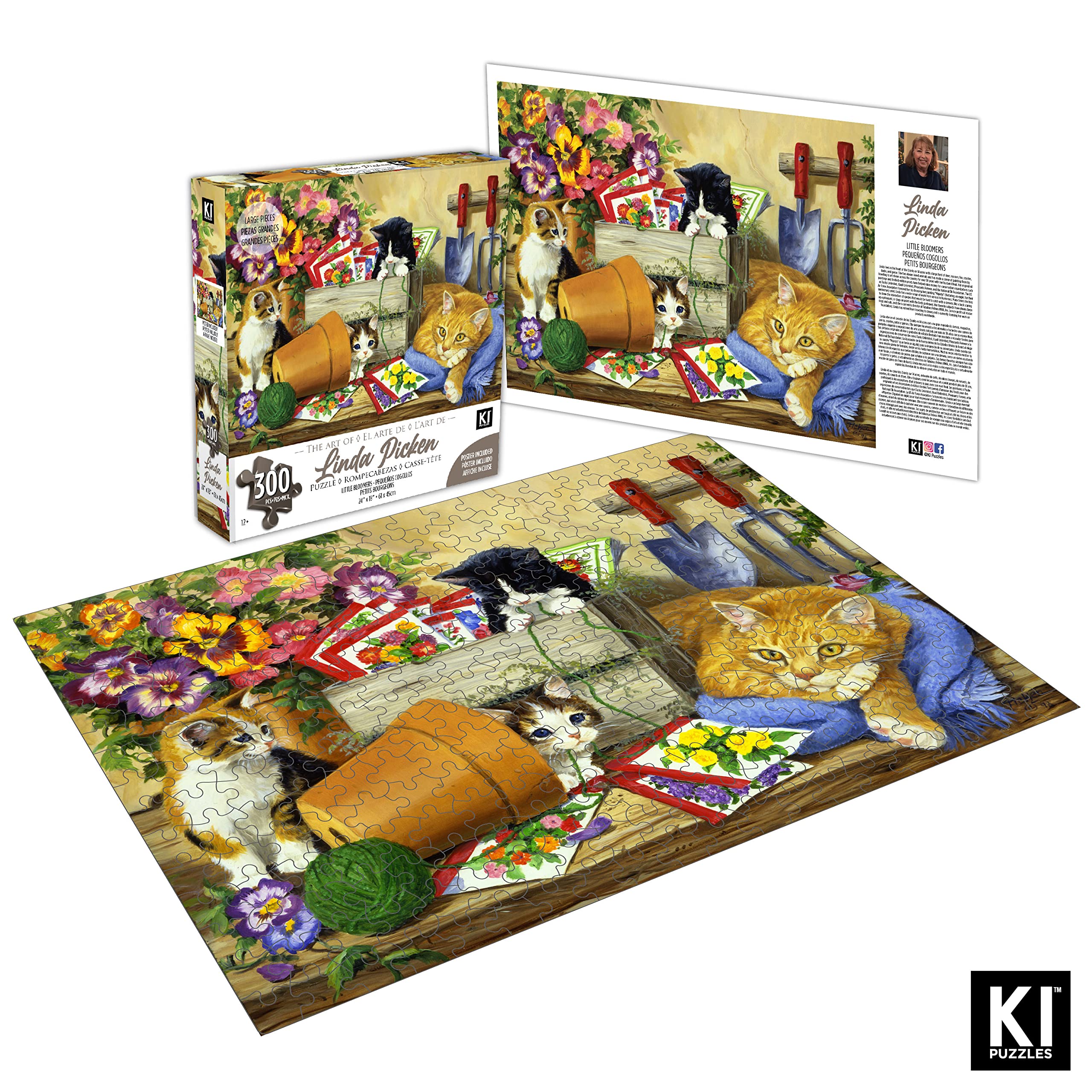 300 Piece Jigsaw Puzzle – Linda Picken Little Bloomers Cat & Kittens, 24x18 Inches, Recycled Cardboard, by KI Puzzles
