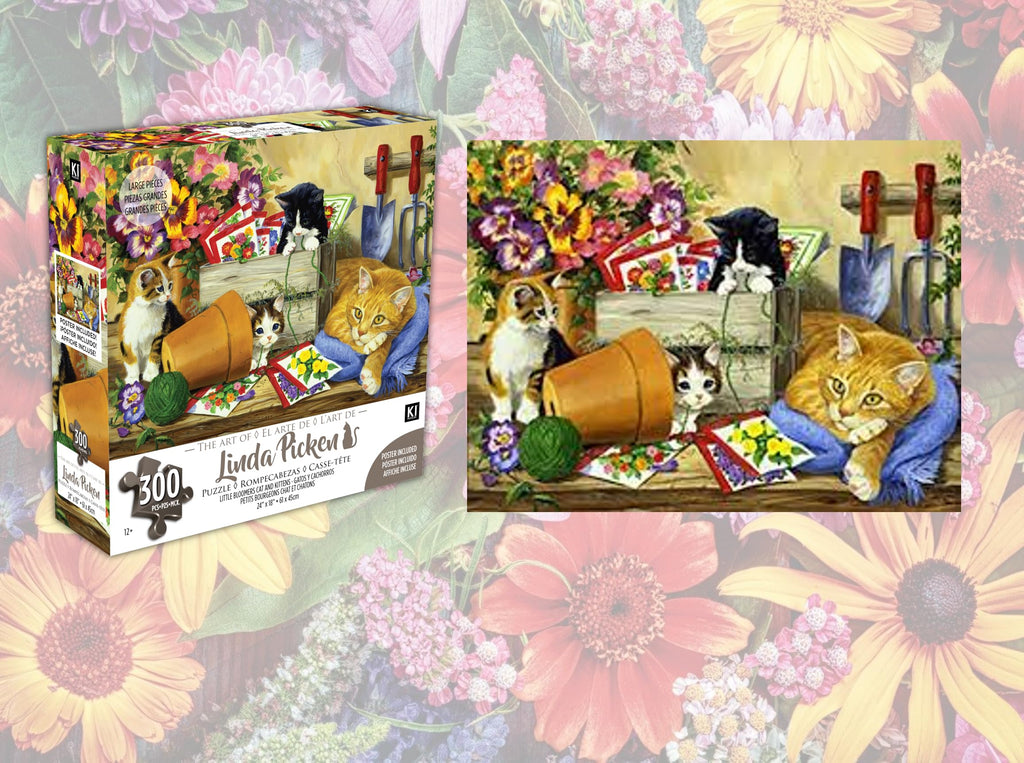 300 Piece Jigsaw Puzzle – Linda Picken Little Bloomers Cat & Kittens, 24x18 Inches, Recycled Cardboard, by KI Puzzles
