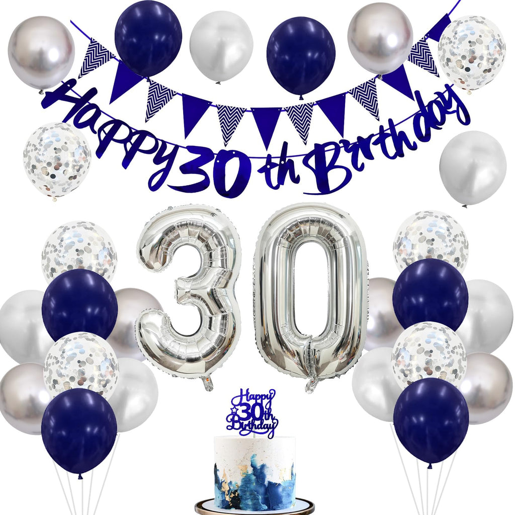 30th Birthday Decorations Kit – Blue Silver Banner, Balloons & Cake Topper for Men or Women