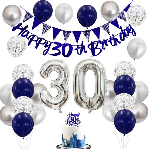 30th Birthday Decorations Kit – Blue Silver Banner, Balloons & Cake Topper for Men or Women