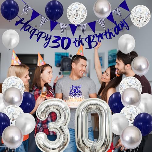 30th Birthday Decorations Kit – Blue Silver Banner, Balloons & Cake Topper for Men or Women