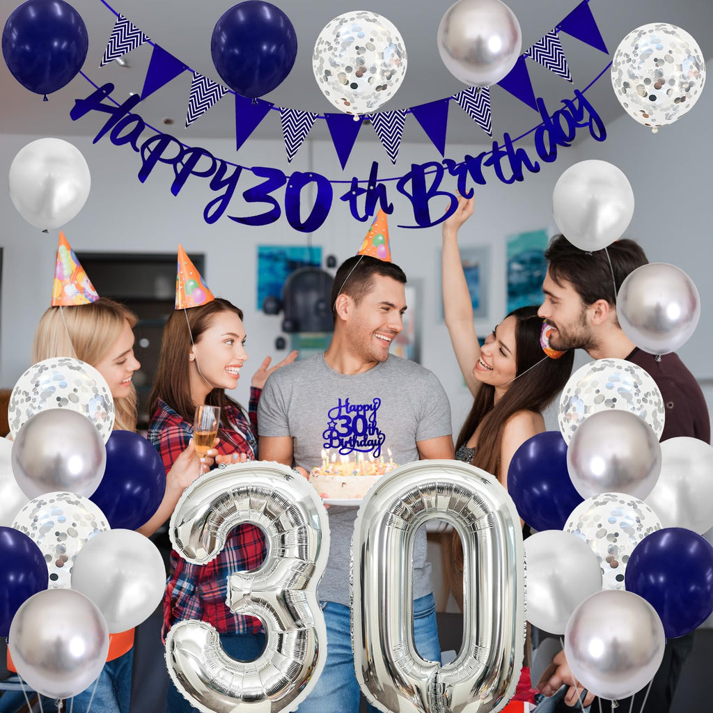 30th Birthday Decorations Kit – Blue Silver Banner, Balloons & Cake Topper for Men or Women