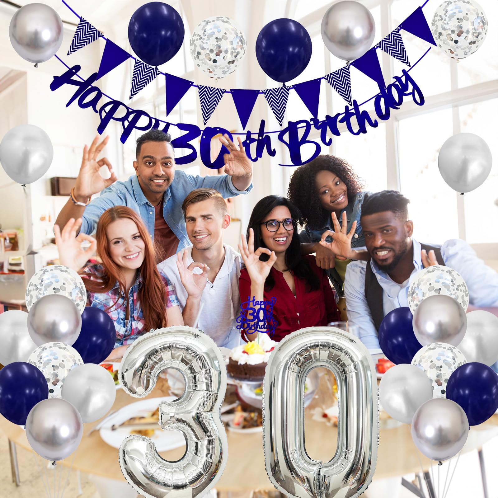 30th Birthday Decorations Kit – Blue Silver Banner, Balloons & Cake Topper for Men or Women
