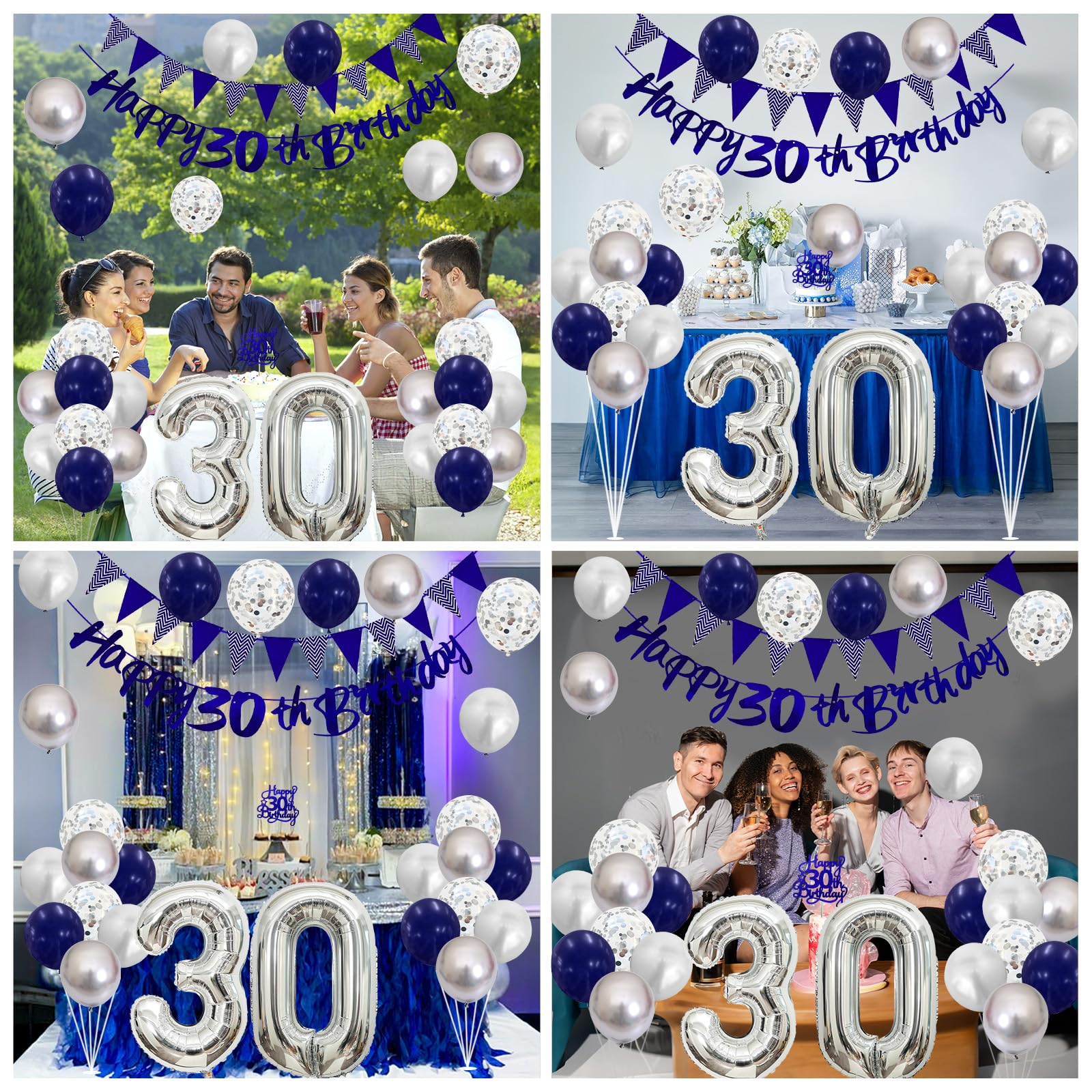 30th Birthday Decorations Kit – Blue Silver Banner, Balloons & Cake Topper for Men or Women