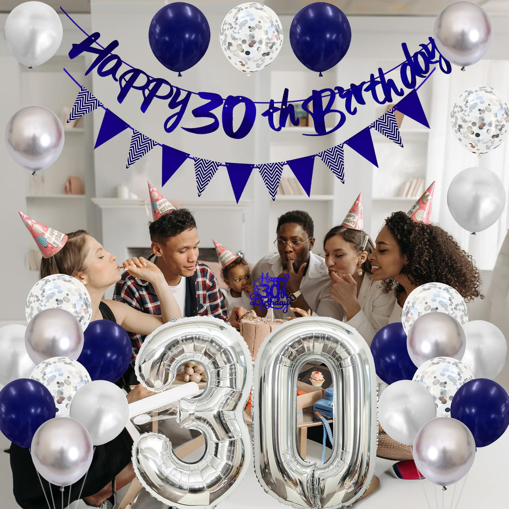 30th Birthday Decorations Kit – Blue Silver Banner, Balloons & Cake Topper for Men or Women