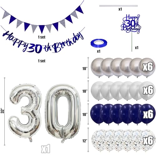 30th Birthday Decorations Kit – Blue Silver Banner, Balloons & Cake Topper for Men or Women