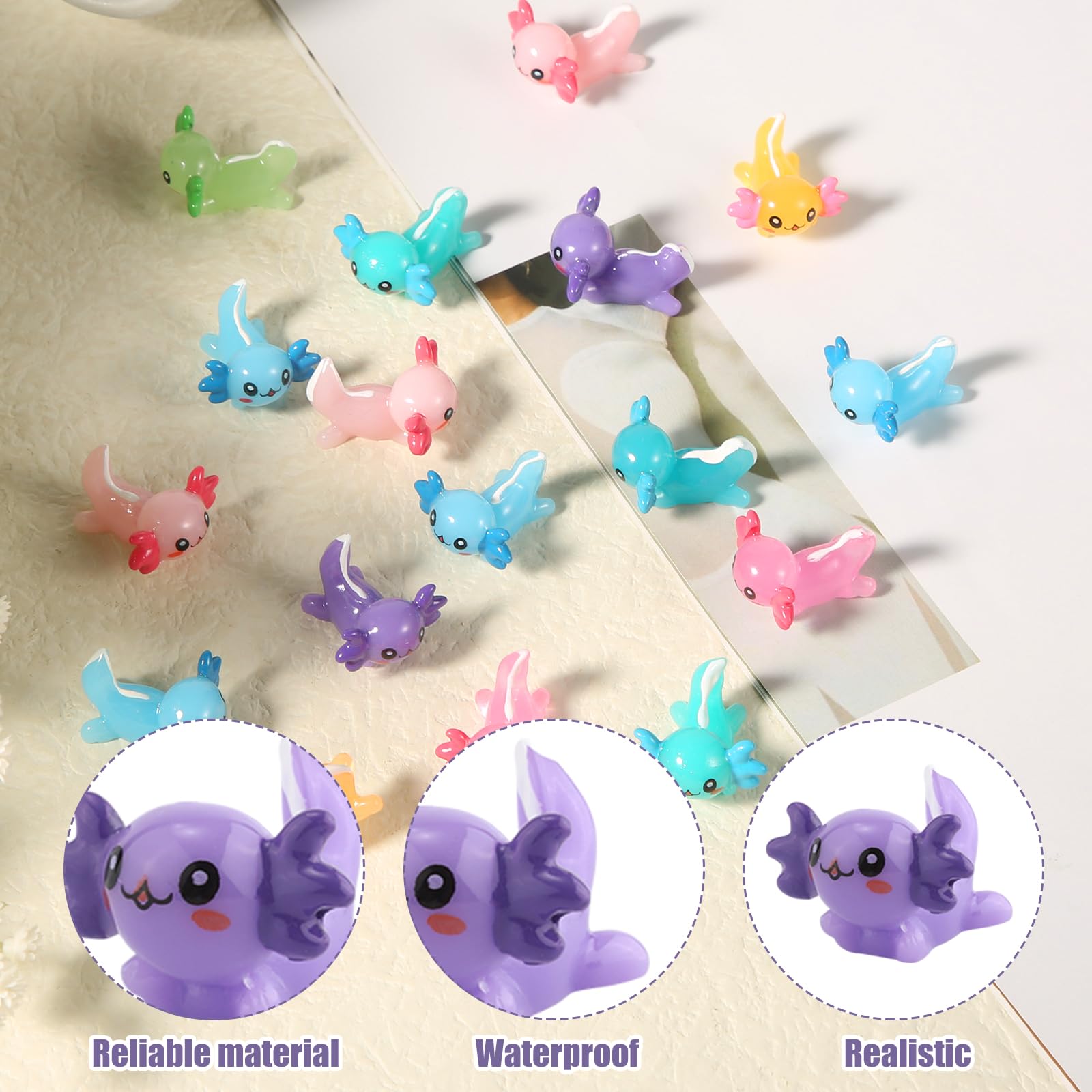32 Mini Axolotl Figures - Resin Tiny Animal Charms for DIY Crafts, Dollhouse, Garden Decor (8 Colors)