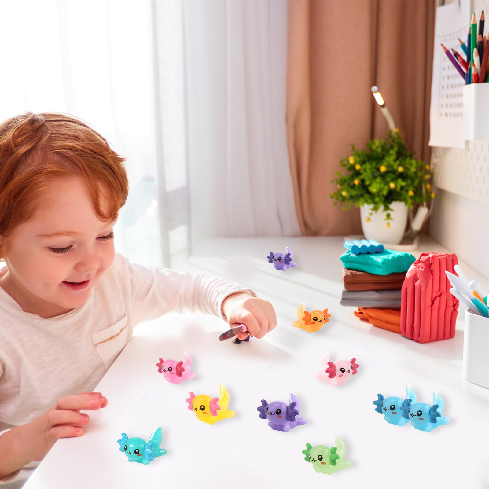 32 Mini Axolotl Figures - Resin Tiny Animal Charms for DIY Crafts, Dollhouse, Garden Decor (8 Colors)