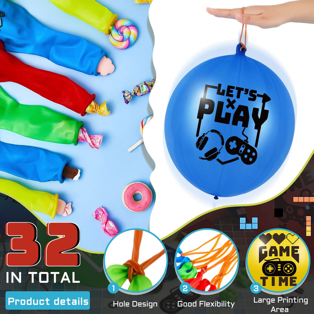 32-Pack Video Game Punch Balloons with Pixel Patterns – Deekin Party Favors (Blue, Red, Yellow, Green)