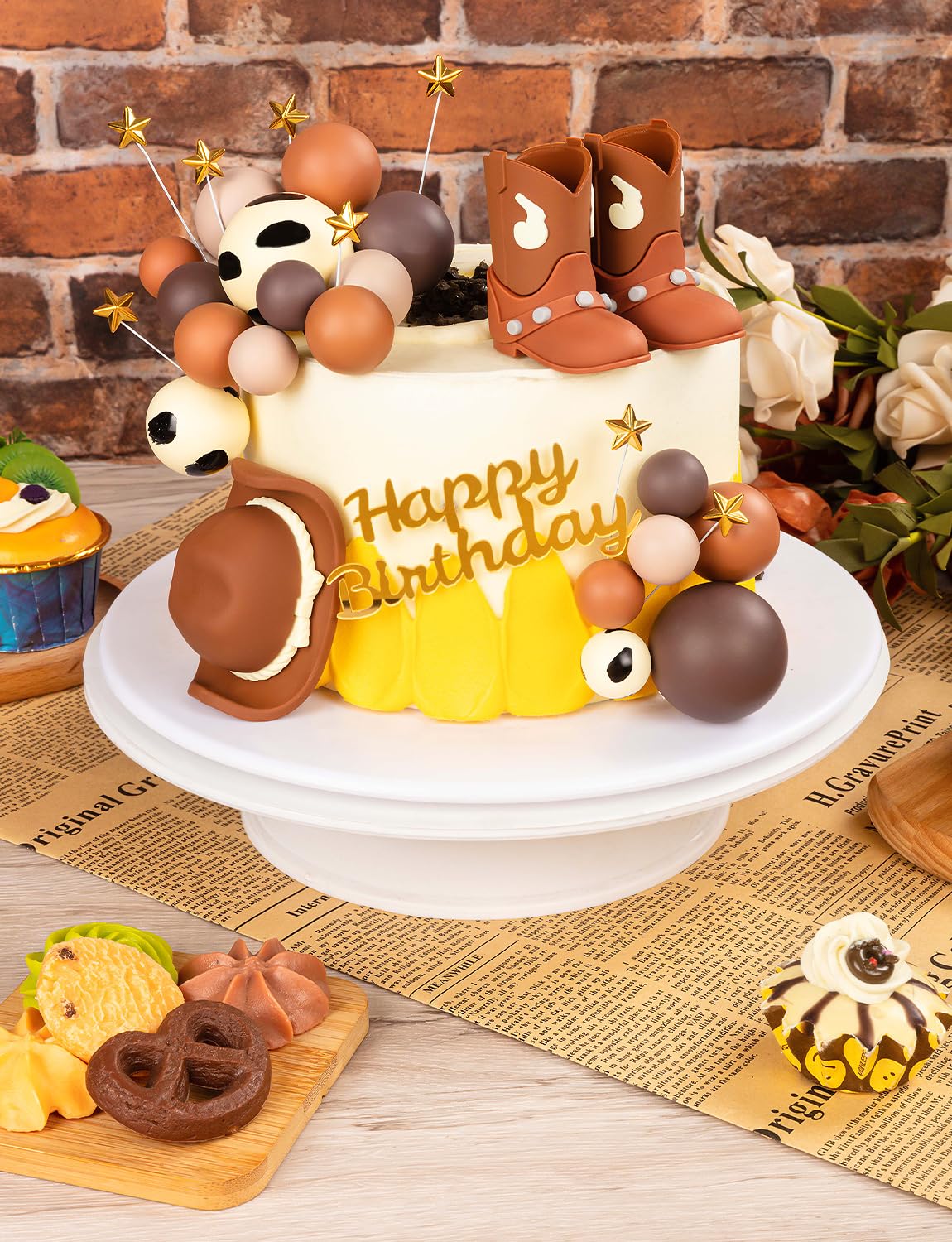 32-Piece Cowboy Cake Topper Set – PVC Hat & Boots, Foam Balls, Western Theme Party Decor