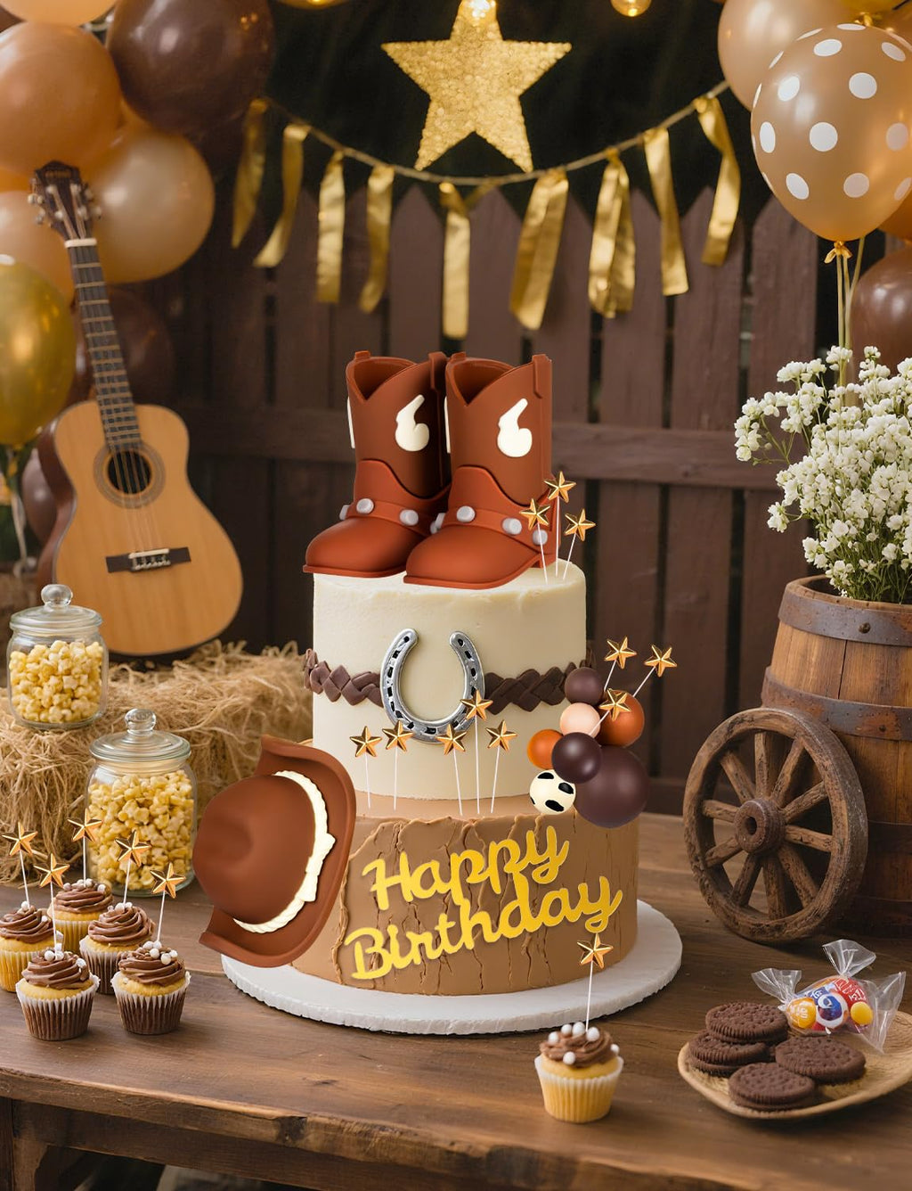 32-Piece Cowboy Cake Topper Set – PVC Hat & Boots, Foam Balls, Western Theme Party Decor