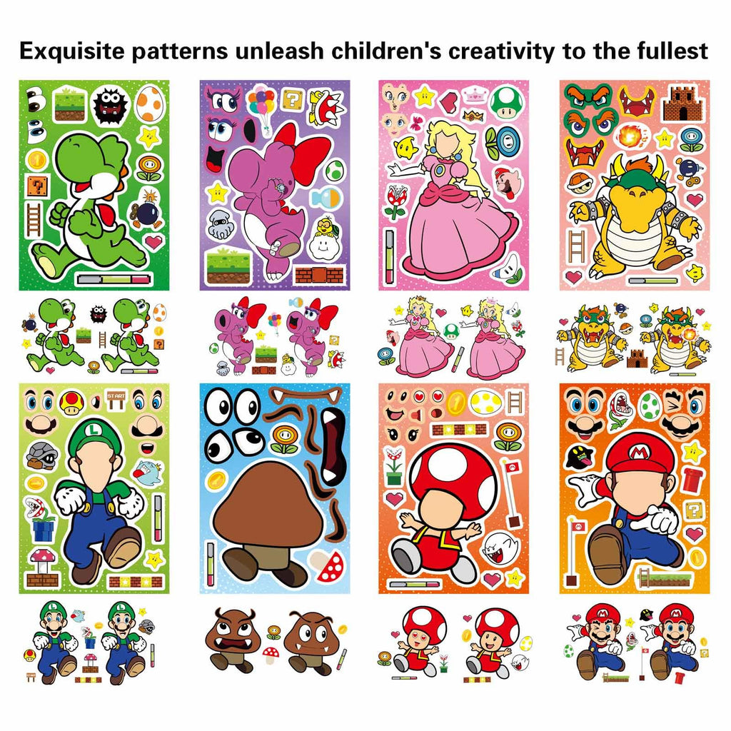 32 Sheets Mario Make-a-Face Stickers - DIY Craft for Kids, Party Favors, Classroom Rewards