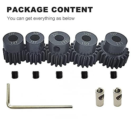 32P 5mm Hardened Metal Pinion Motor Gear Set 13T-21T with 3.175mm Coupler for RC Cars