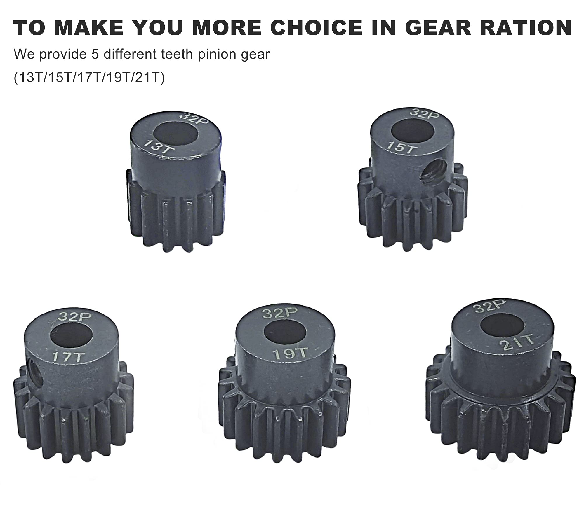 32P 5mm Hardened Metal Pinion Motor Gear Set 13T-21T with 3.175mm Coupler for RC Cars