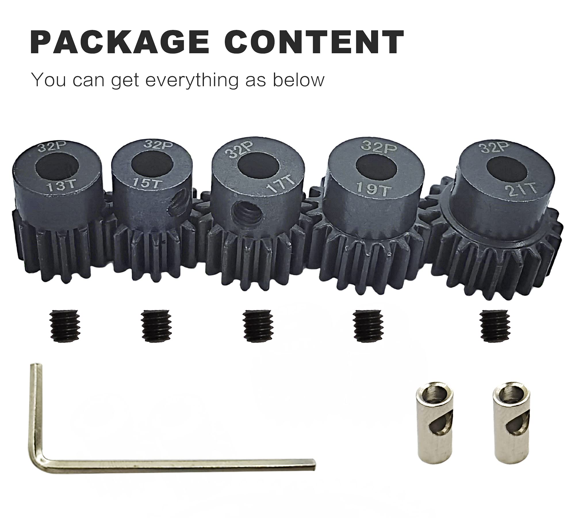 32P 5mm Hardened Metal Pinion Motor Gear Set 13T-21T with 3.175mm Coupler for RC Cars