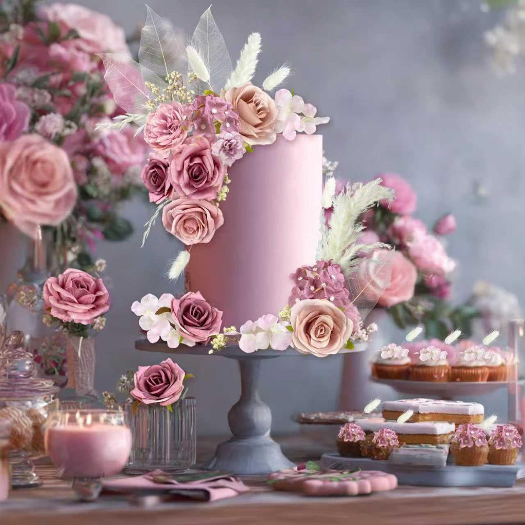 33-Piece Boho Cake Topper Set – Dusty Pink Silk Flowers & Dried Pampas Grass