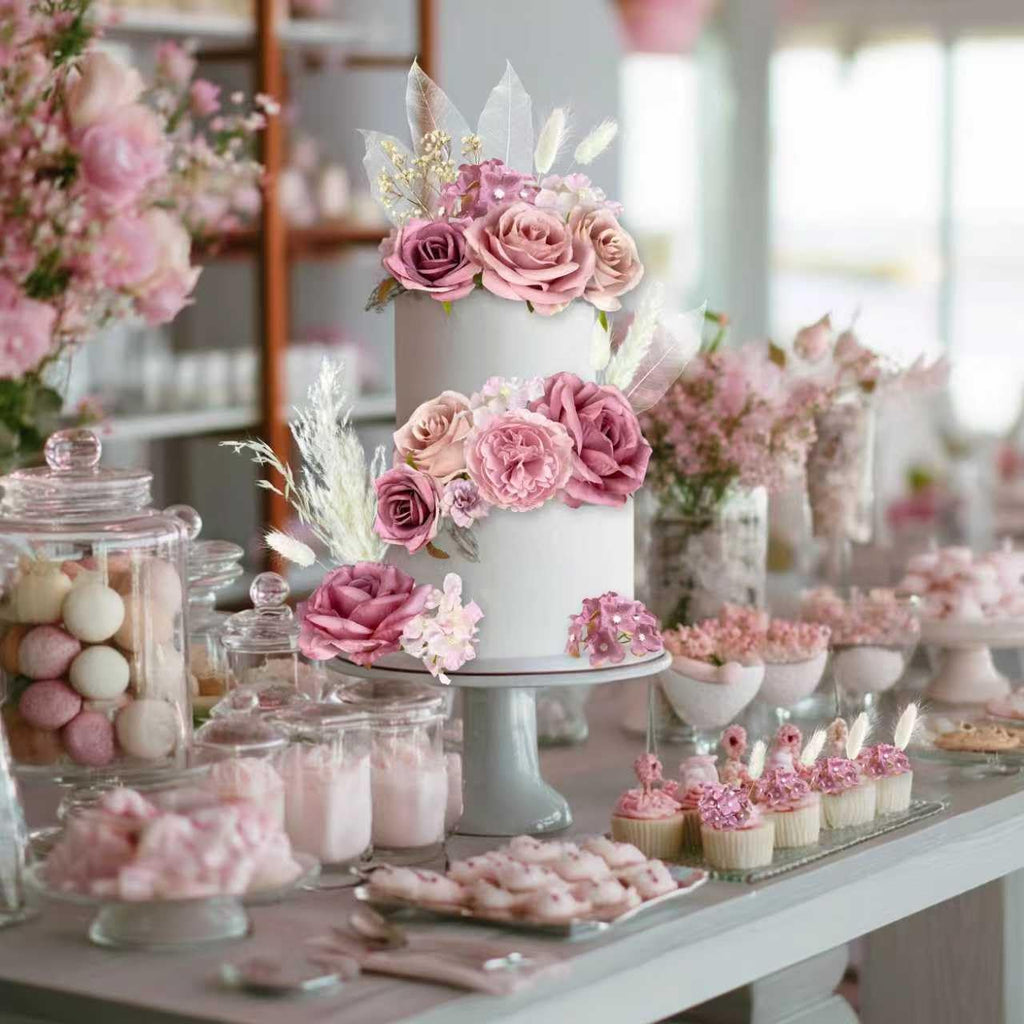 33-Piece Boho Cake Topper Set – Dusty Pink Silk Flowers & Dried Pampas Grass