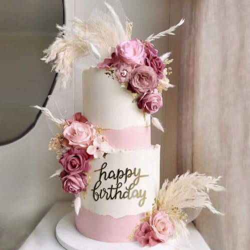 33-Piece Boho Cake Topper Set – Dusty Pink Silk Flowers & Dried Pampas Grass