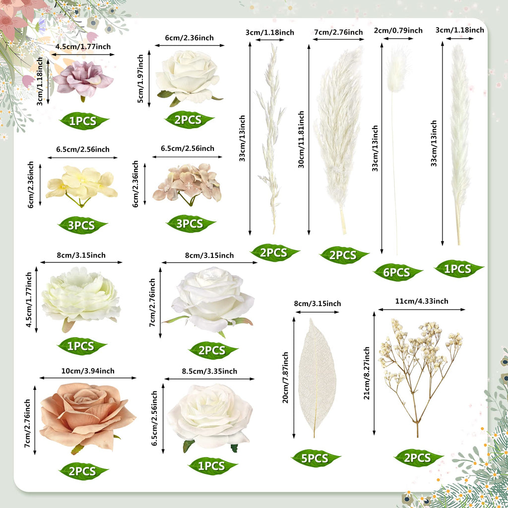 33-Piece Boho Cake Topper Set with Artificial Flowers and Dried Pampas Grass - Wedding Birthday Baby Shower (Light Brown)