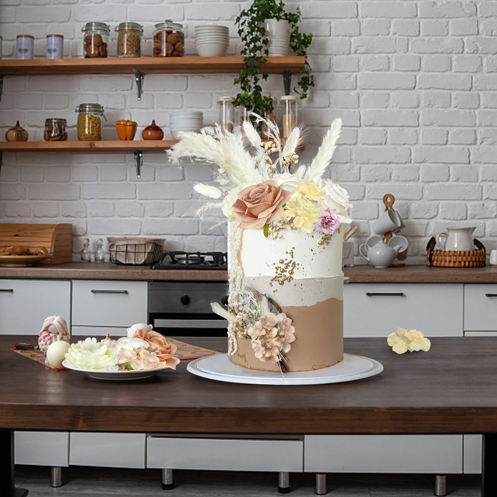 33-Piece Boho Cake Topper Set with Artificial Flowers and Dried Pampas Grass - Wedding Birthday Baby Shower (Light Brown)