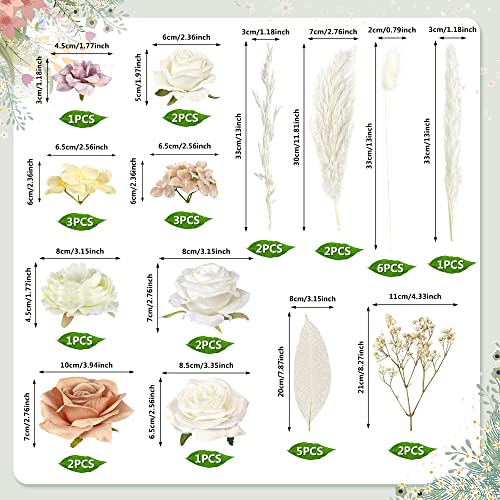 33-Piece Boho Cake Topper Set with Artificial Flowers and Dried Pampas Grass - Wedding Birthday Baby Shower (Light Brown)