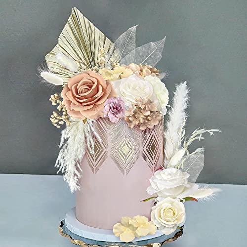 33-Piece Boho Cake Topper Set with Artificial Flowers and Dried Pampas Grass - Wedding Birthday Baby Shower (Light Brown)