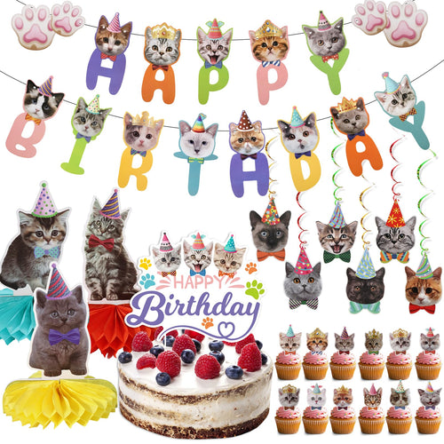 33-Piece Cat Birthday Party Decorations Set for Cat Lovers – Banners, Swirls, Honeycombs & Cupcake Toppers