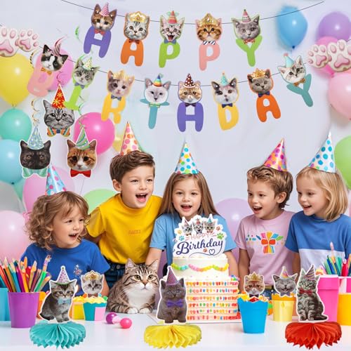 33-Piece Cat Birthday Party Decorations Set for Cat Lovers – Banners, Swirls, Honeycombs & Cupcake Toppers